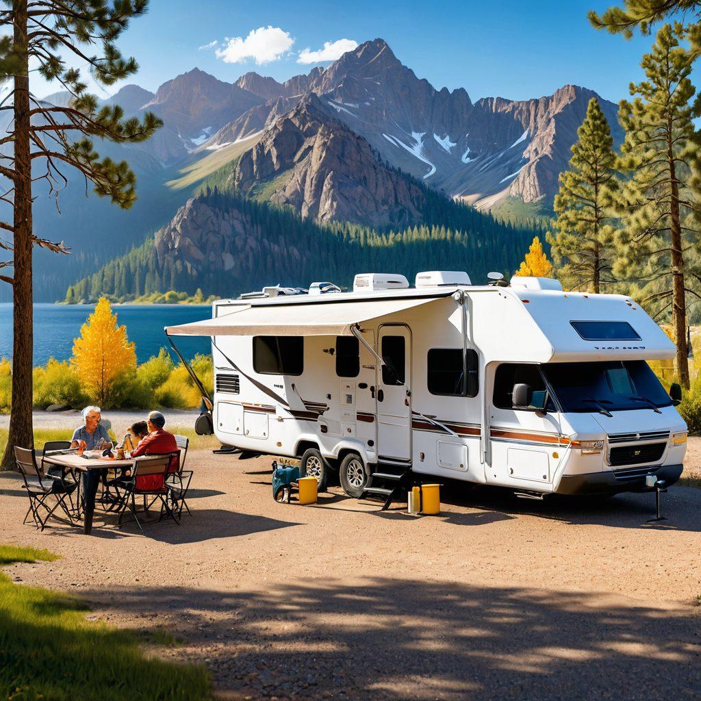 A family-friendly RV parked in a scenic, sunlit campground with mountains in the background. The RV is equipped with high-quality window covers and a large awning, both effectively blocking the intense sunlight and UV rays. The family is happily lounging in the shade created by the awning, showcasing comfort and protection. An overlay of UV-protection icons subtly integrated into the scene. super-realistic. vibrant colors.