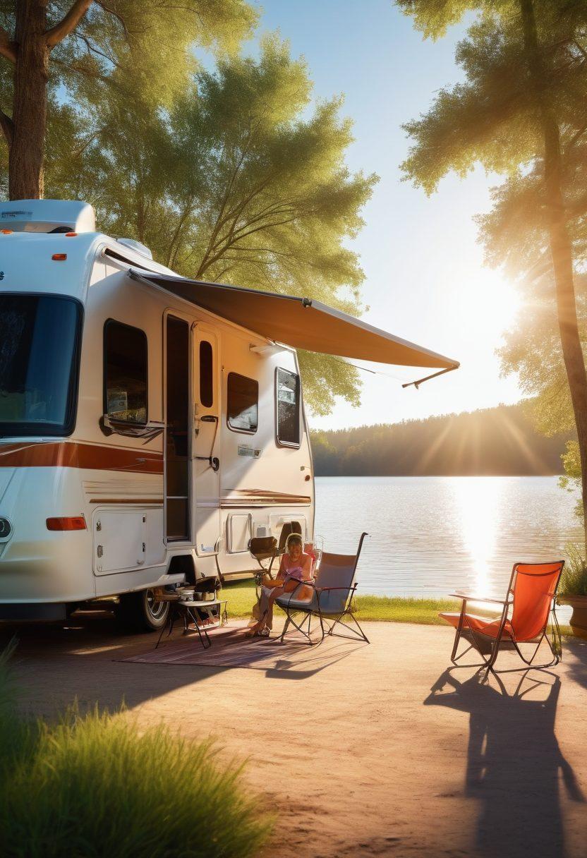 A sun-drenched RV parked beside a tranquil lake, with its awning extended to provide shade. A family enjoys the outdoors under the awning while applying sunscreen and wearing hats. Vibrant sunrays highlight the contrast between sun and shade, evoking a sense of adventure and protection. Photorealistic. Vibrant colors.